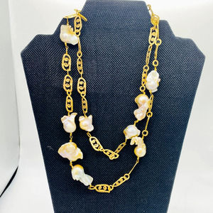 Chakarr Long Necklace Baroque Pearl with Gold Links Stunning!